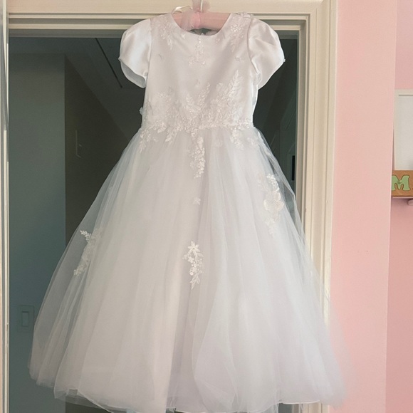 Sarah Louise Other - Girls White Formal Tulle Dress with Lace Appliqué